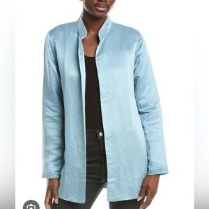 Eileen Fisher Light Blue Open-Front  organic linen and silk stand collar Jacket